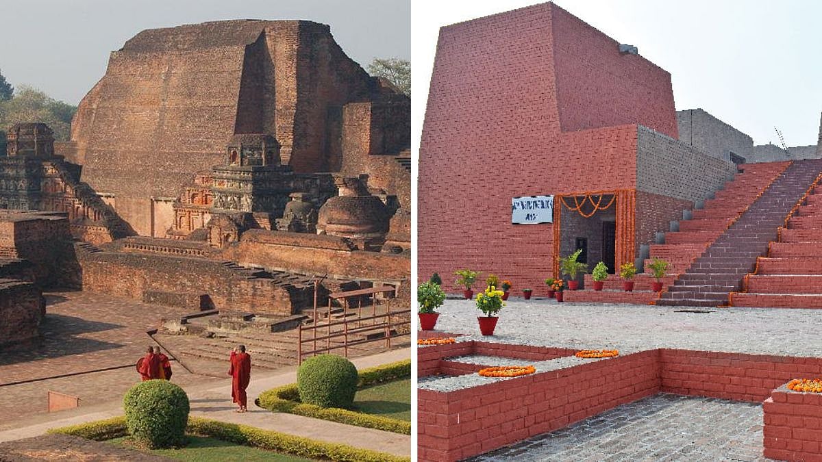 (L-R) Nalanda Mahavihara ruins and present Nalanda University campus